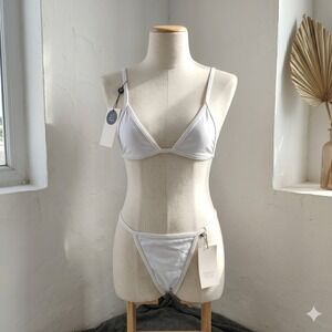 Basic Swim Bikini Set Womens Small‎ White Triangle Top High Cut Thong Minimalist